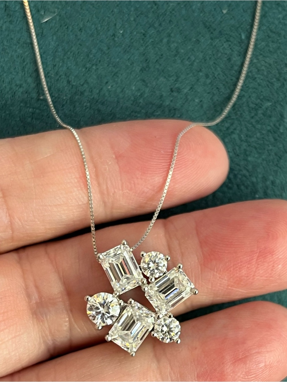925 Silver 18” Moissanite Multi-shape Cluster Pendant Necklace